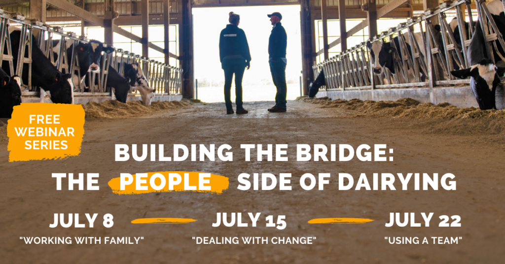 Two men in a dairy barn with the text Building the Bridge: The People Side of Dairying