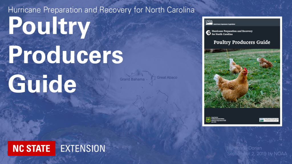 Hurricane background with text Hurricane Preparation and Recovery for North Carolina Poultry Producers Guide