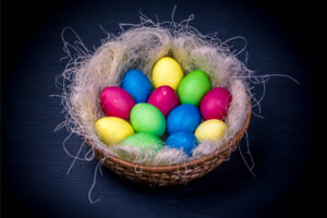 colorful eggs in a basket